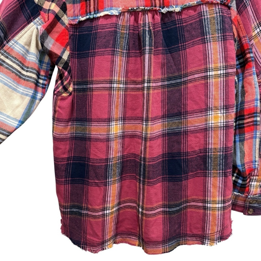 Free People We the Free Patched Up Plaid Cotton Shirt Oversized Grunge Pink XS - Picture 14 of 16
